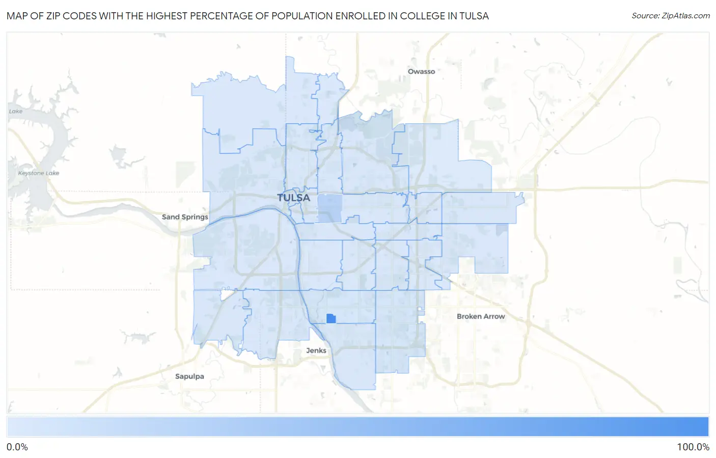 Zip Codes with the Highest Percentage of Population Enrolled in College in Tulsa Map