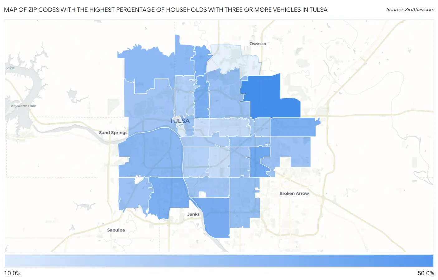 Zip Codes with the Highest Percentage of Households With Three or more Vehicles in Tulsa Map