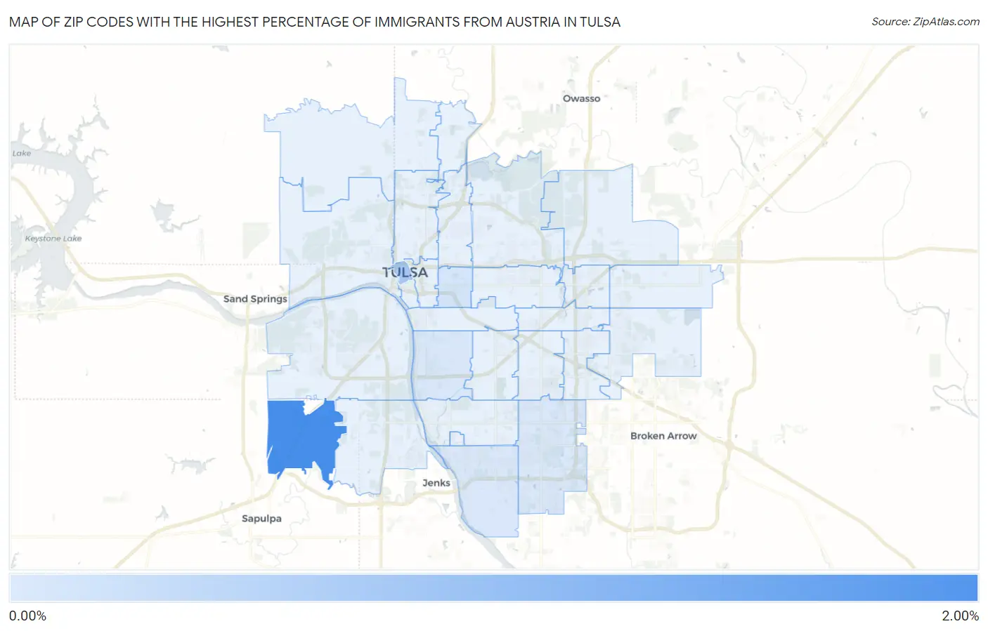 Zip Codes with the Highest Percentage of Immigrants from Austria in Tulsa Map