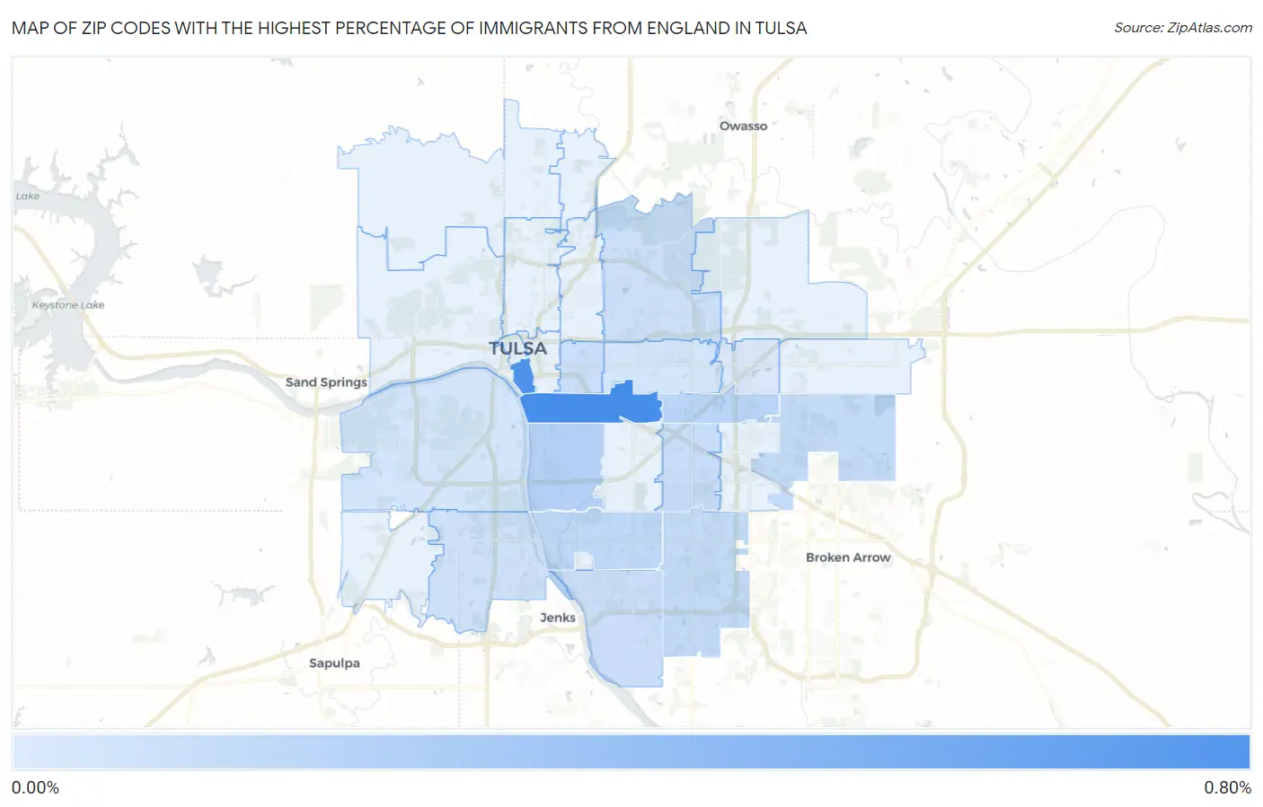 Zip Codes with the Highest Percentage of Immigrants from England in Tulsa Map
