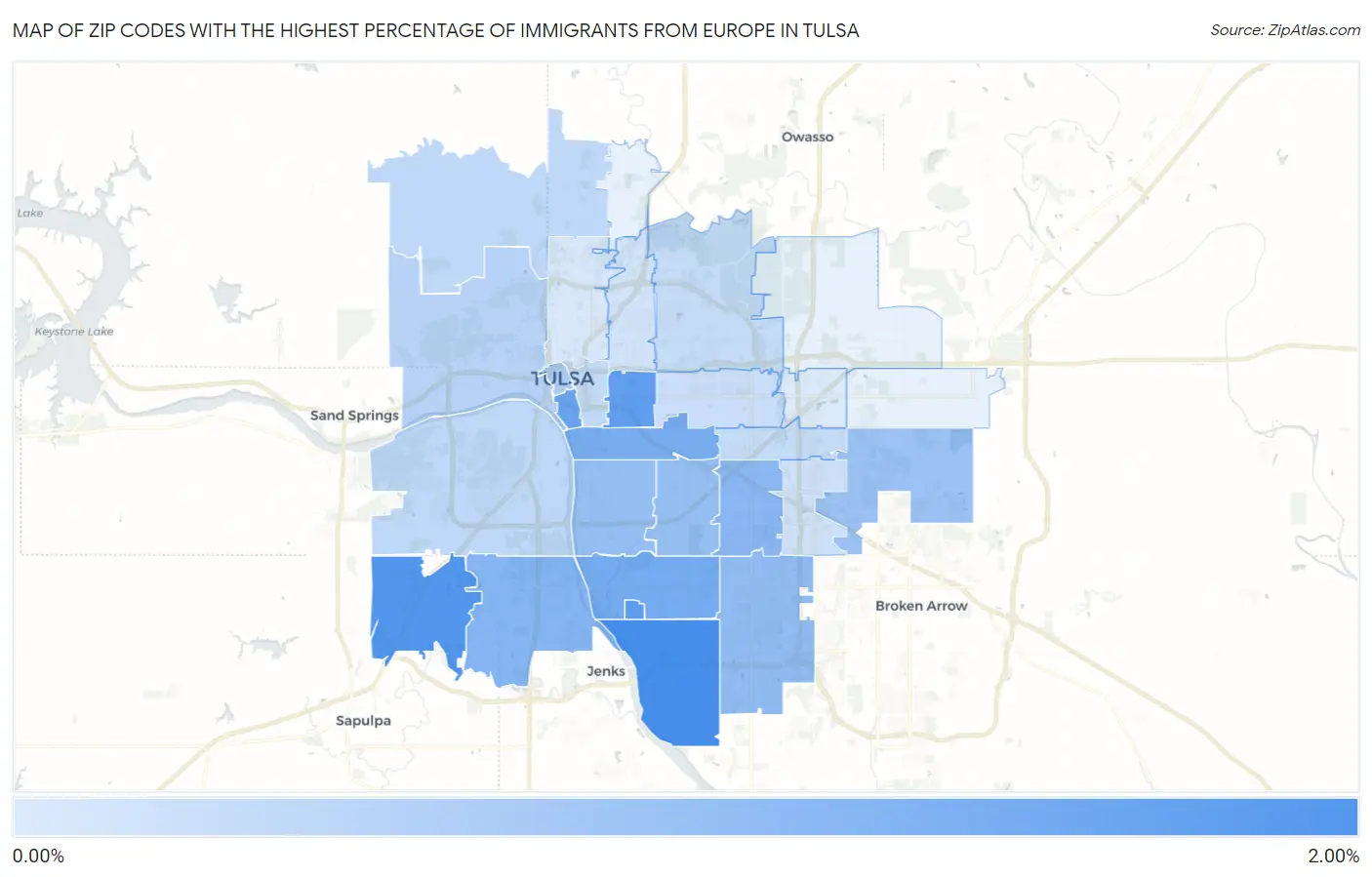 Zip Codes with the Highest Percentage of Immigrants from Europe in Tulsa Map