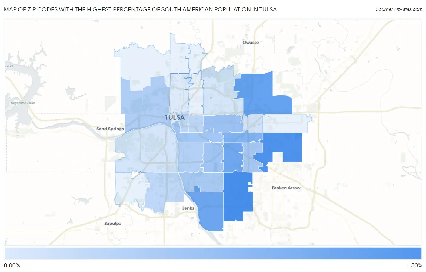 Zip Codes with the Highest Percentage of South American Population in Tulsa Map