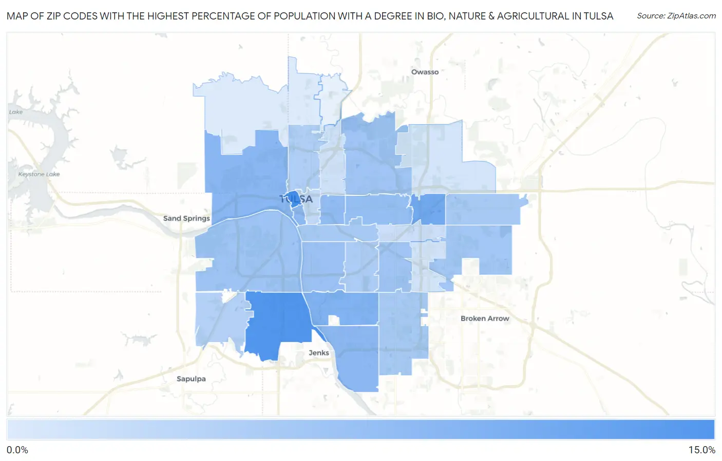 Zip Codes with the Highest Percentage of Population with a Degree in Bio, Nature & Agricultural in Tulsa Map