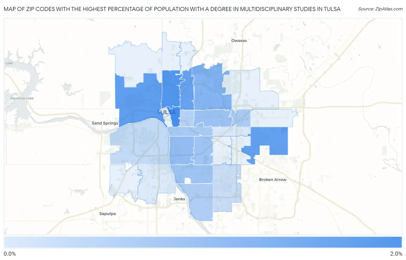 Zip Codes with the Highest Percentage of Population with a Degree in Multidisciplinary Studies in Tulsa Map