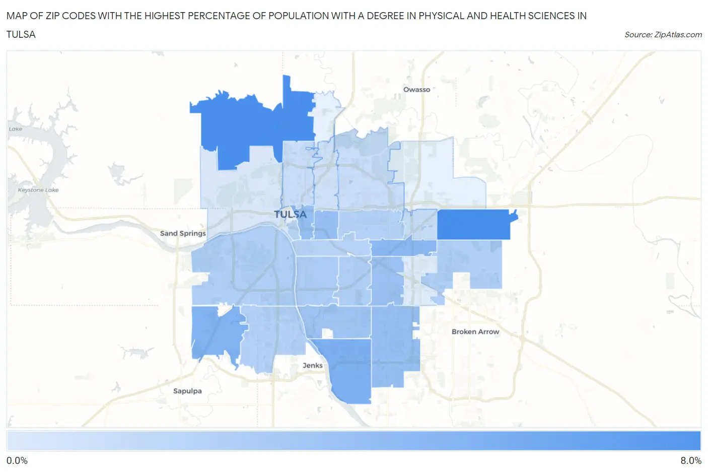 Zip Codes with the Highest Percentage of Population with a Degree in Physical and Health Sciences in Tulsa Map