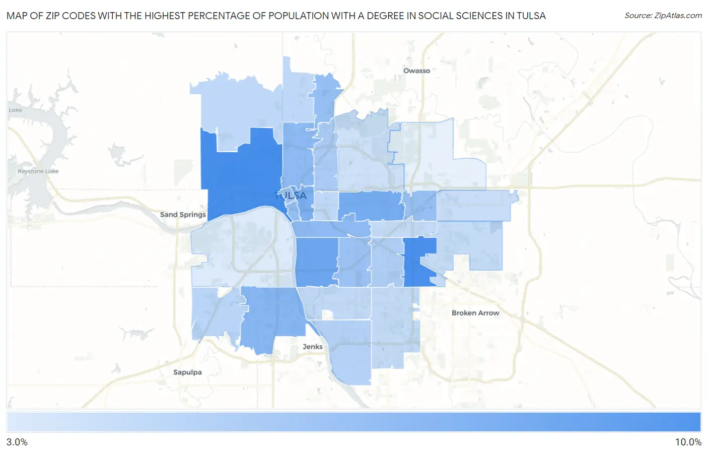 Zip Codes with the Highest Percentage of Population with a Degree in Social Sciences in Tulsa Map