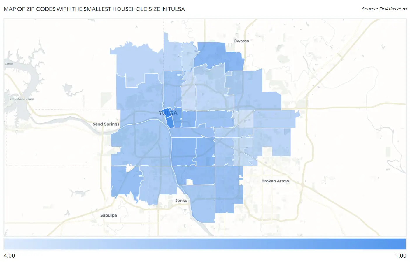 Zip Codes with the Smallest Household Size in Tulsa Map