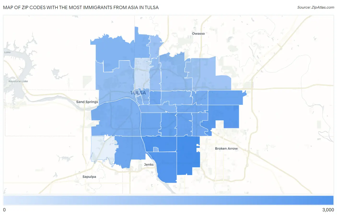 Zip Codes with the Most Immigrants from Asia in Tulsa Map