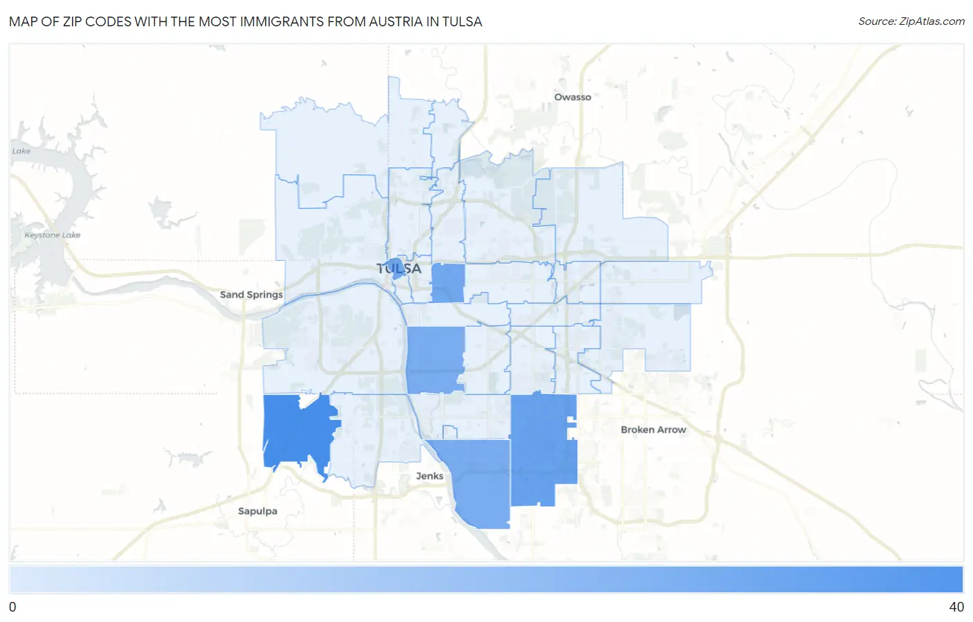 Zip Codes with the Most Immigrants from Austria in Tulsa Map
