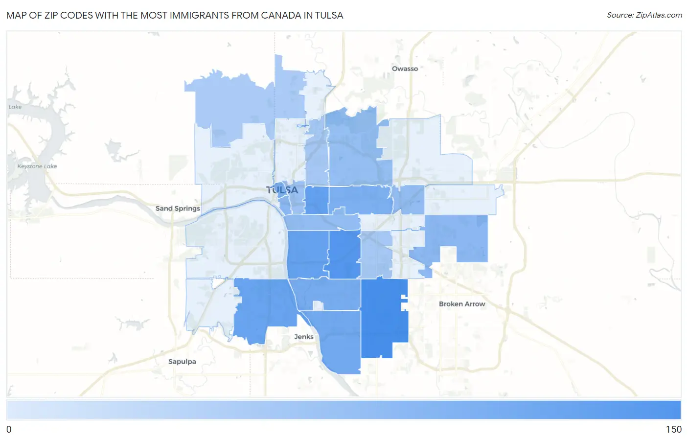 Zip Codes with the Most Immigrants from Canada in Tulsa Map