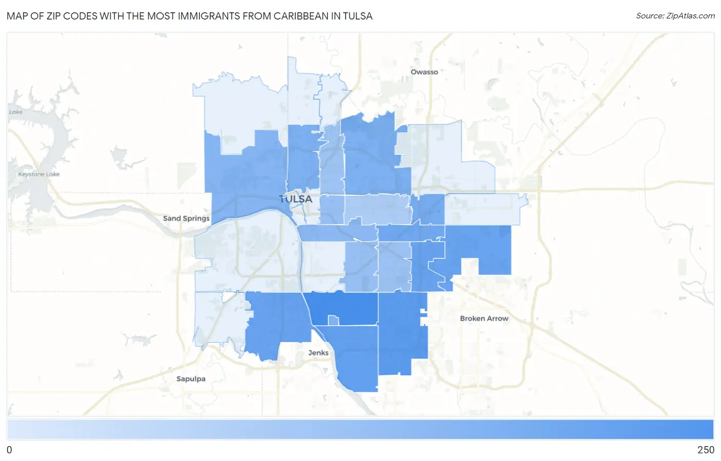Zip Codes with the Most Immigrants from Caribbean in Tulsa Map