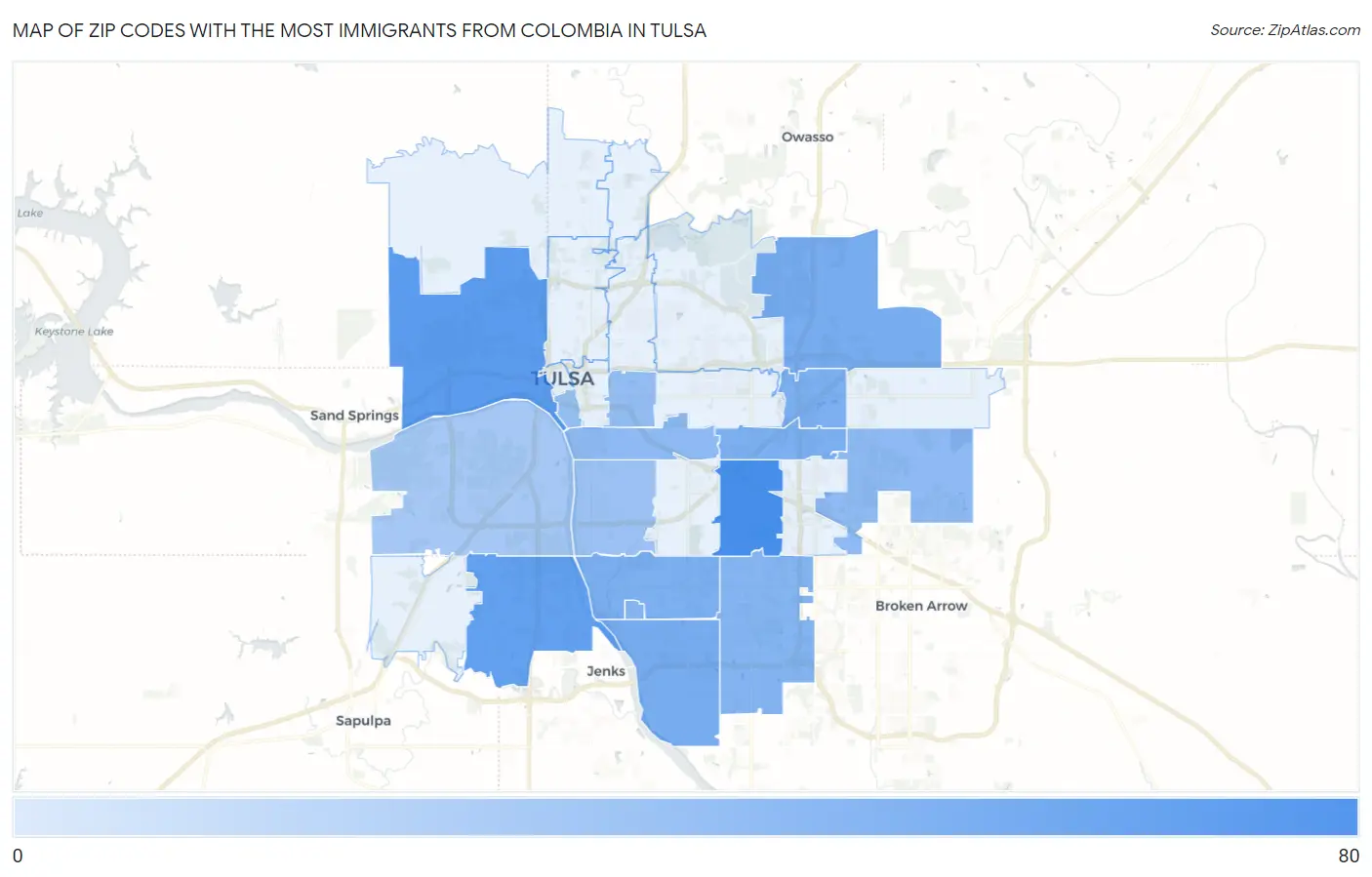 Zip Codes with the Most Immigrants from Colombia in Tulsa Map