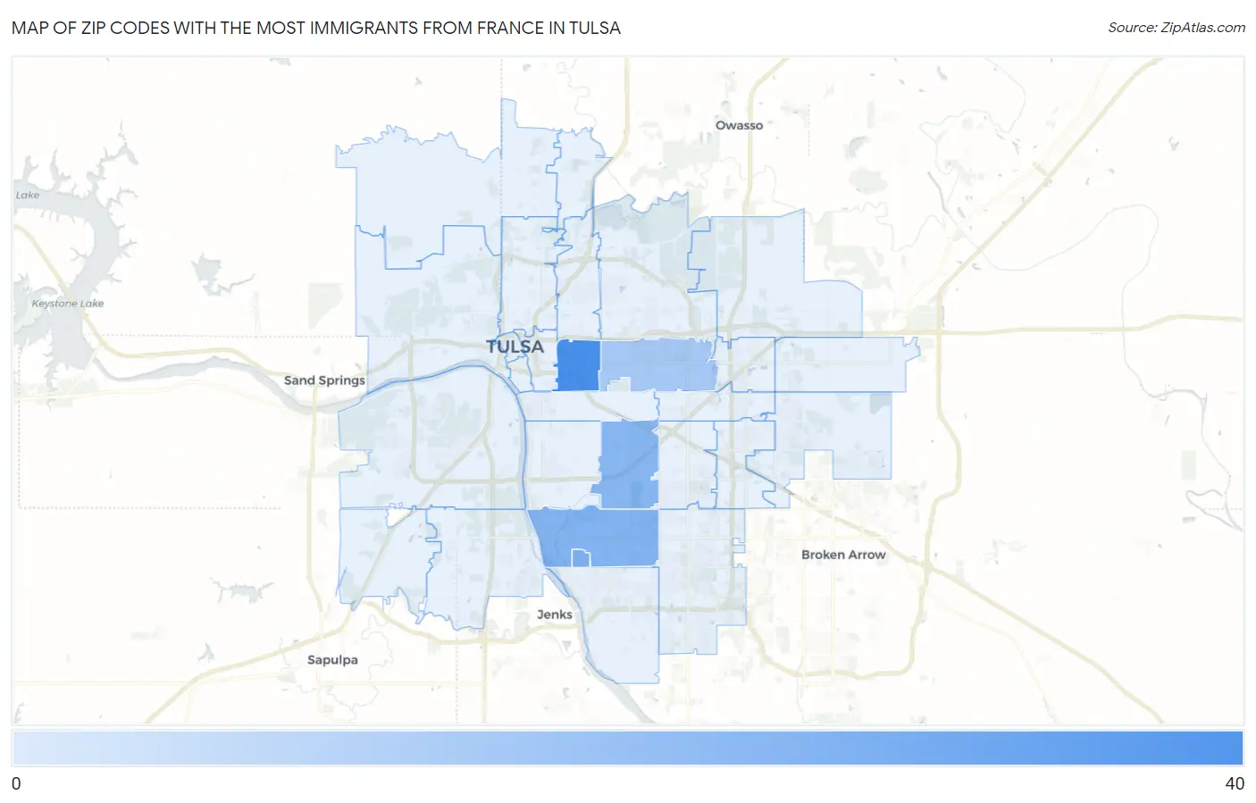 Zip Codes with the Most Immigrants from France in Tulsa Map