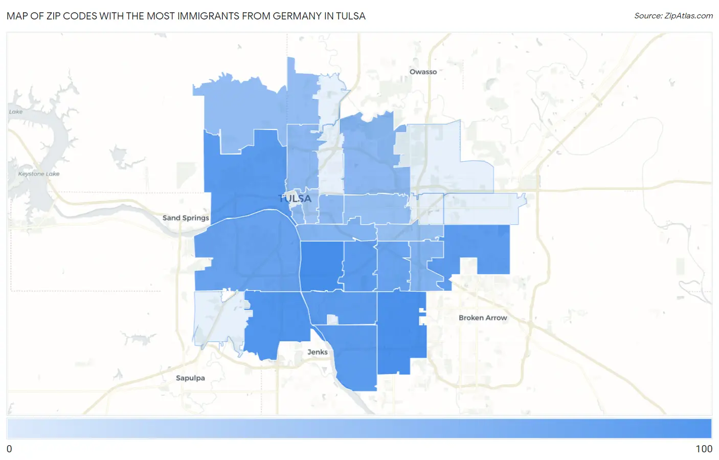 Zip Codes with the Most Immigrants from Germany in Tulsa Map