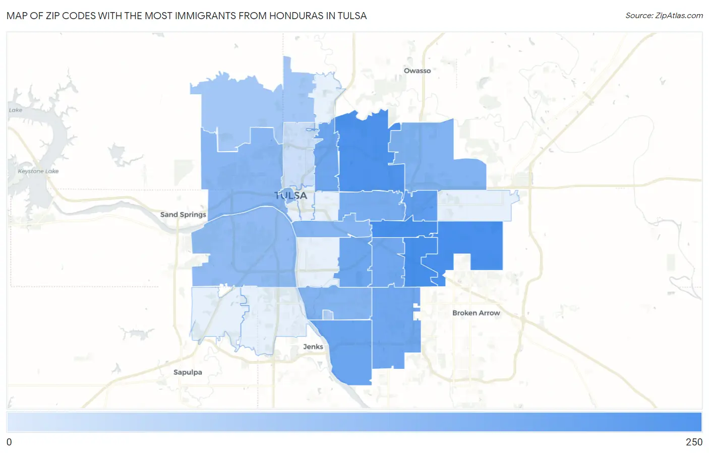 Zip Codes with the Most Immigrants from Honduras in Tulsa Map