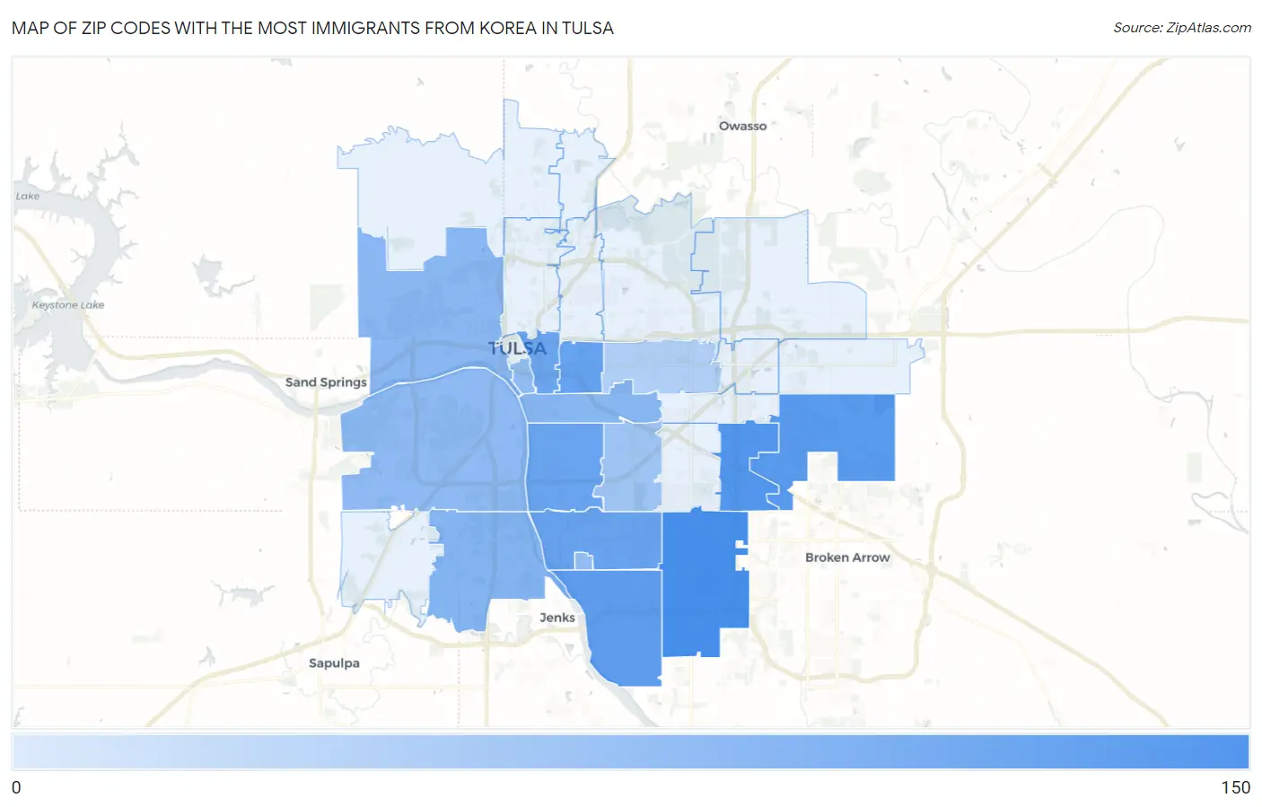 Zip Codes with the Most Immigrants from Korea in Tulsa Map