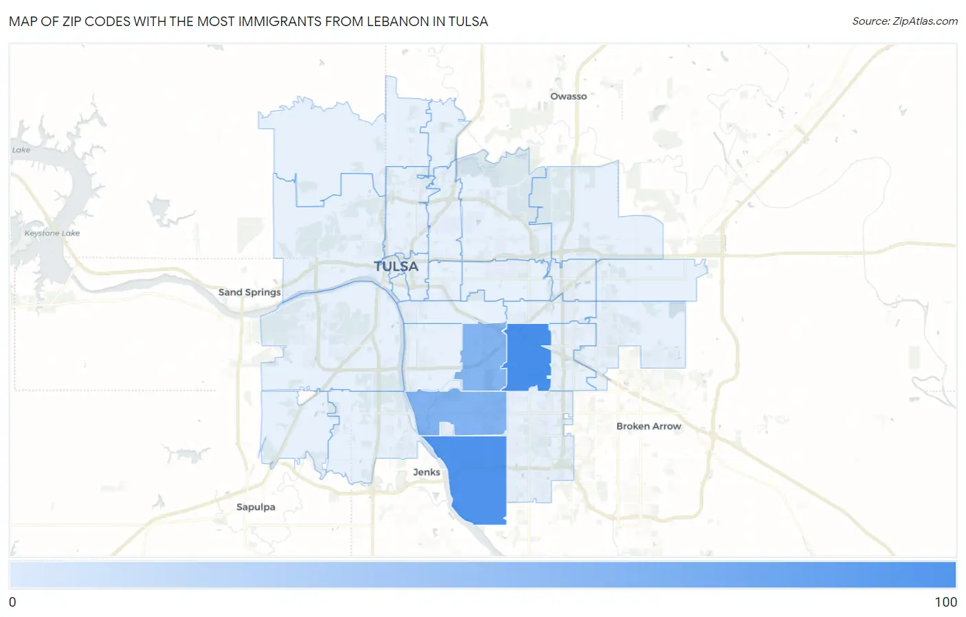 Zip Codes with the Most Immigrants from Lebanon in Tulsa Map