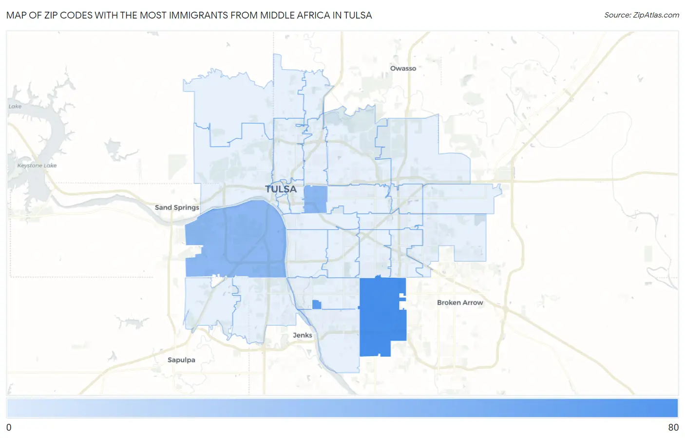 Zip Codes with the Most Immigrants from Middle Africa in Tulsa Map