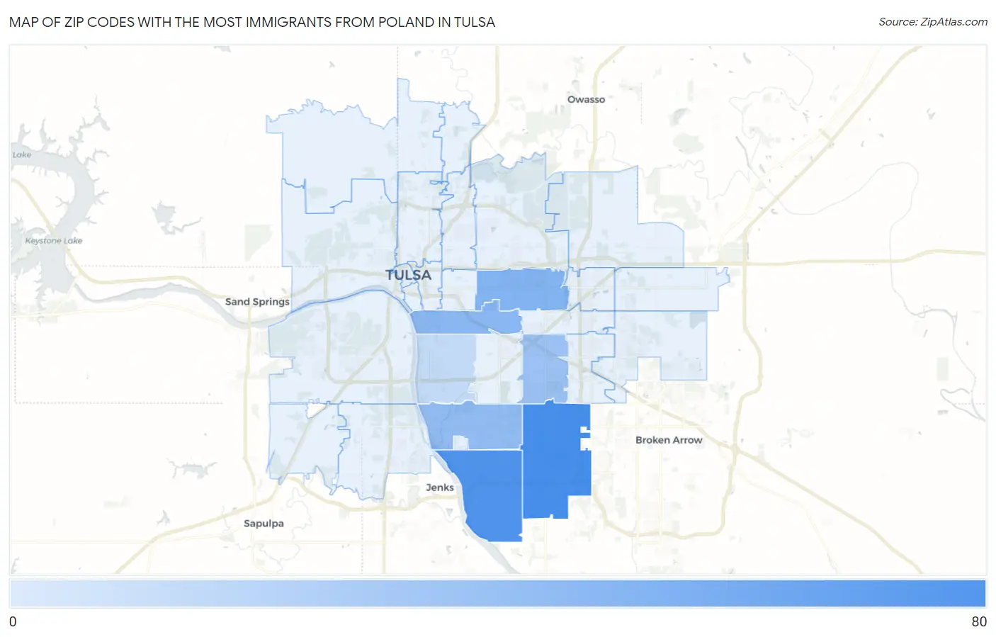 Zip Codes with the Most Immigrants from Poland in Tulsa Map