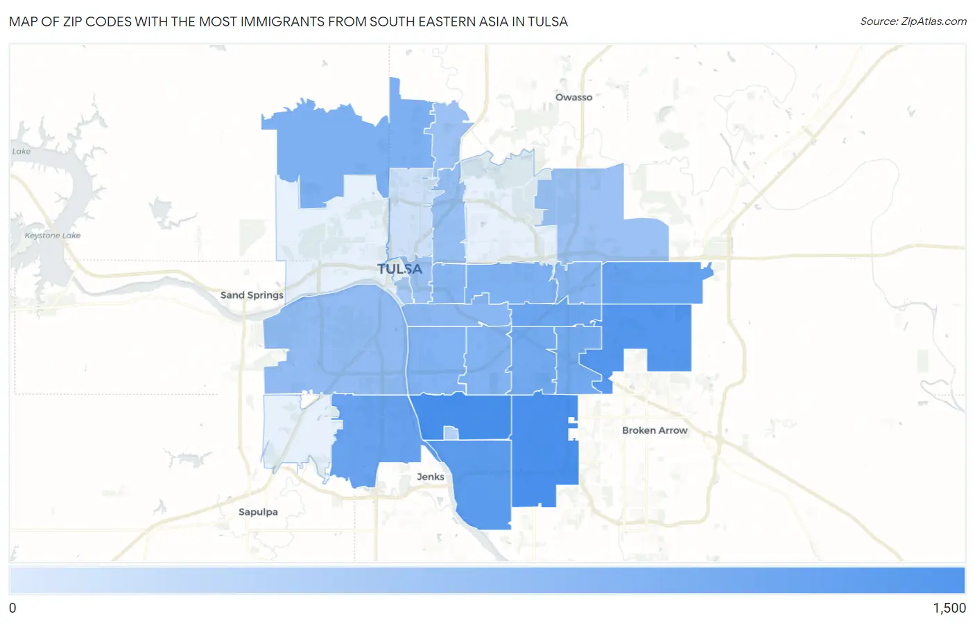 Zip Codes with the Most Immigrants from South Eastern Asia in Tulsa Map