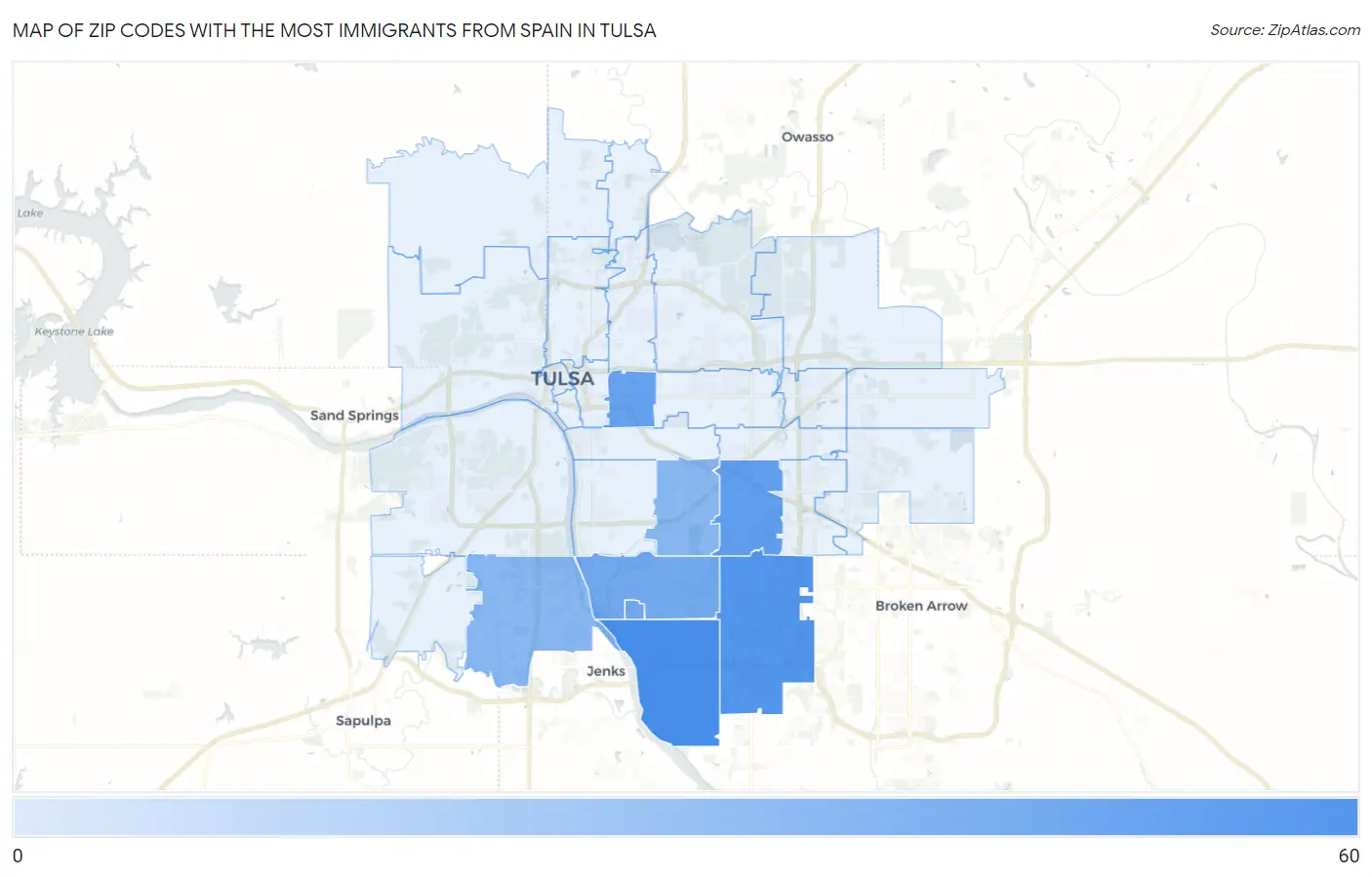 Zip Codes with the Most Immigrants from Spain in Tulsa Map