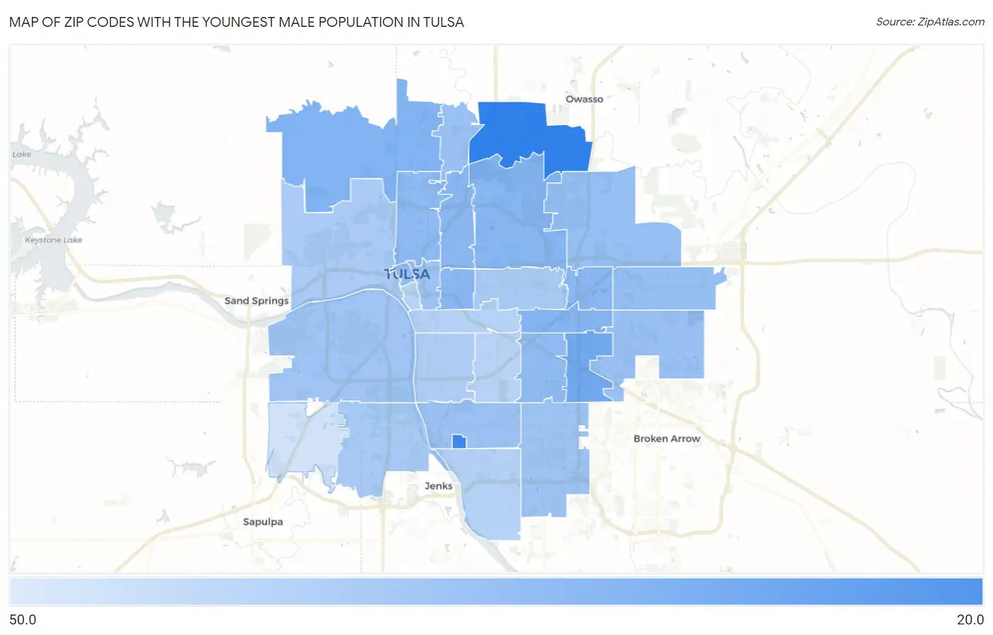Zip Codes with the Youngest Male Population in Tulsa Map