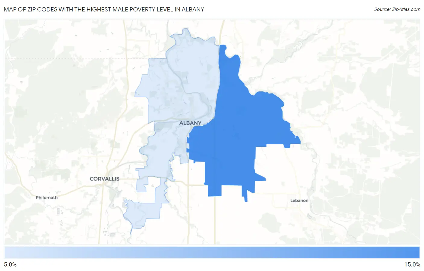 Zip Codes with the Highest Male Poverty Level in Albany Map