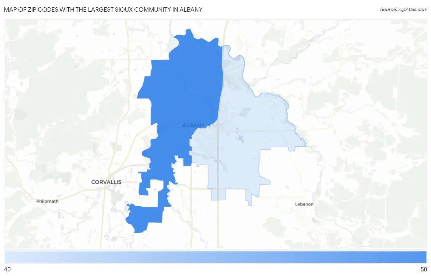 Zip Codes with the Largest Sioux Community in Albany Map