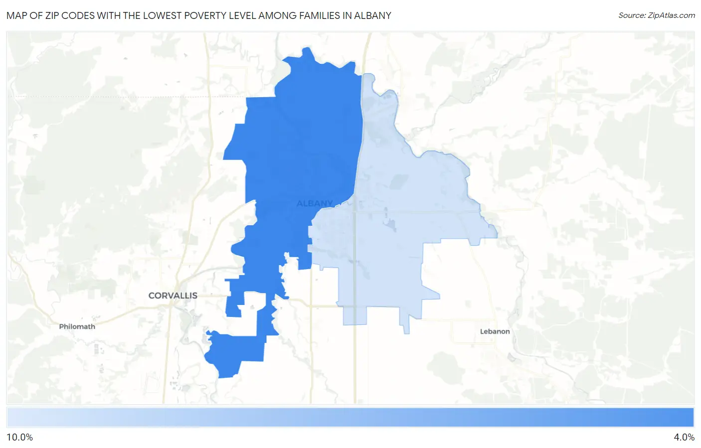 Zip Codes with the Lowest Poverty Level Among Families in Albany Map