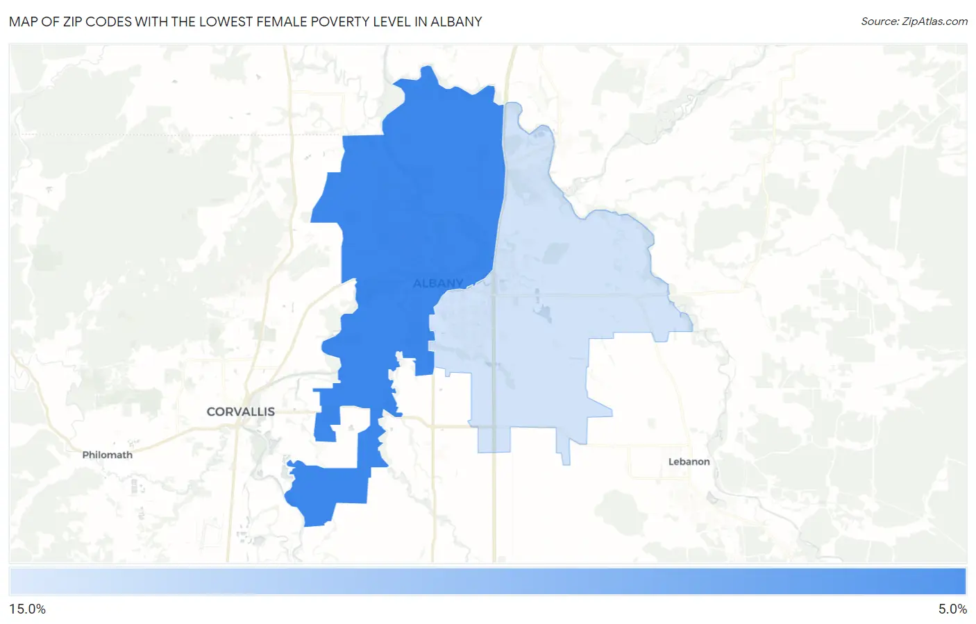 Zip Codes with the Lowest Female Poverty Level in Albany Map
