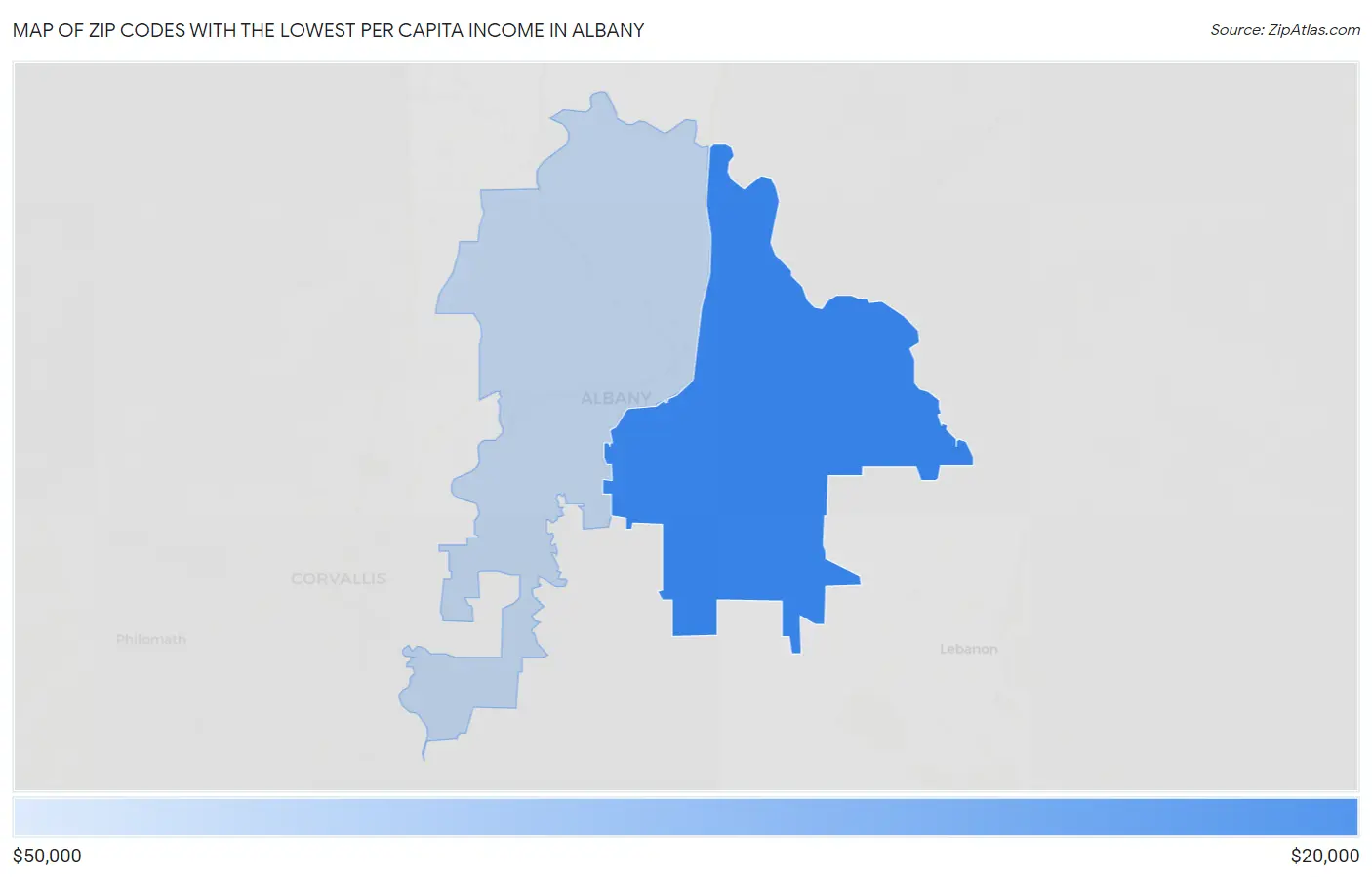 Zip Codes with the Lowest Per Capita Income in Albany Map