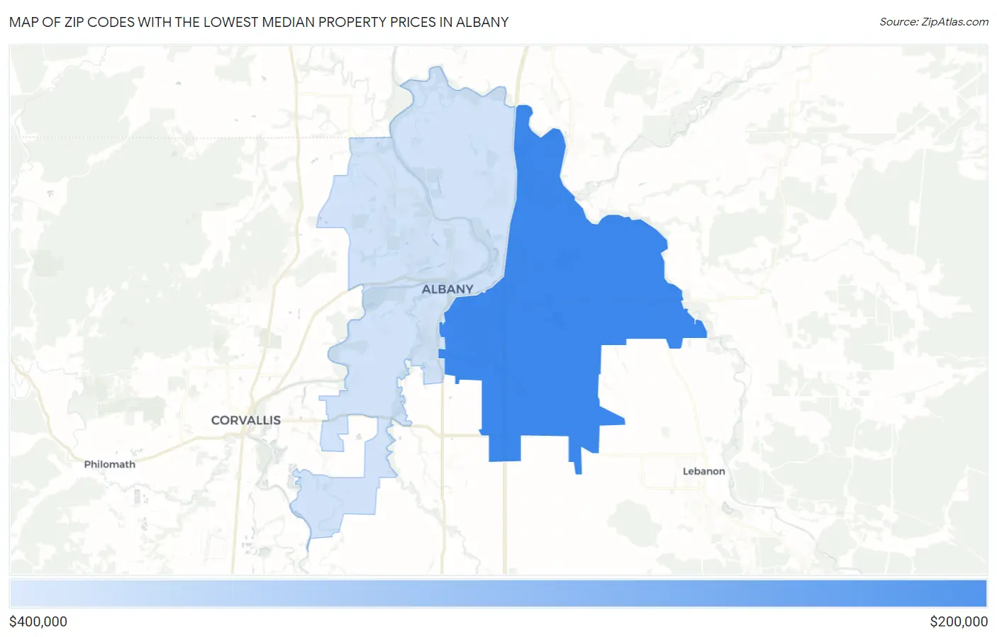 Zip Codes with the Lowest Median Property Prices in Albany Map