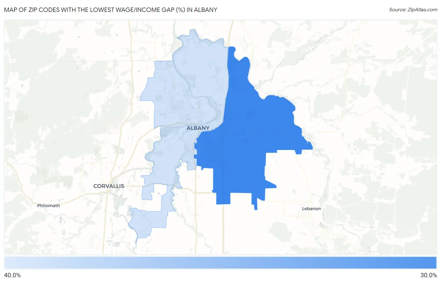 Zip Codes with the Lowest Wage/Income Gap (%) in Albany Map