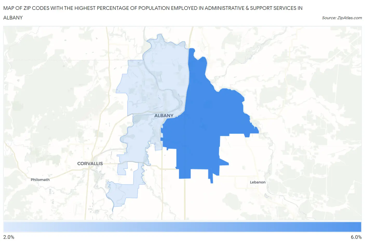 Zip Codes with the Highest Percentage of Population Employed in Administrative & Support Services in Albany Map