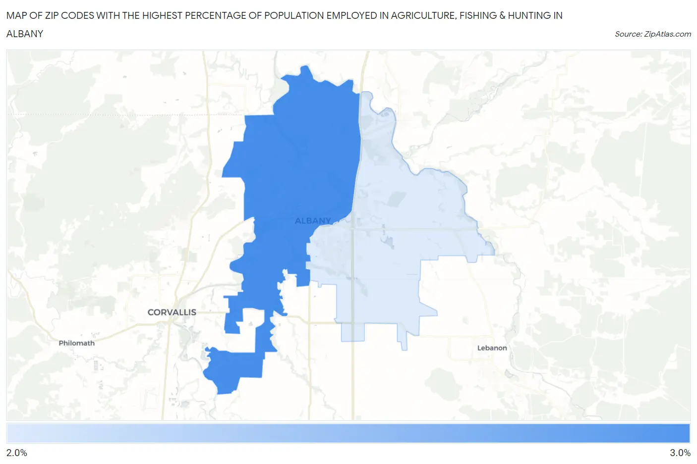 Zip Codes with the Highest Percentage of Population Employed in Agriculture, Fishing & Hunting in Albany Map