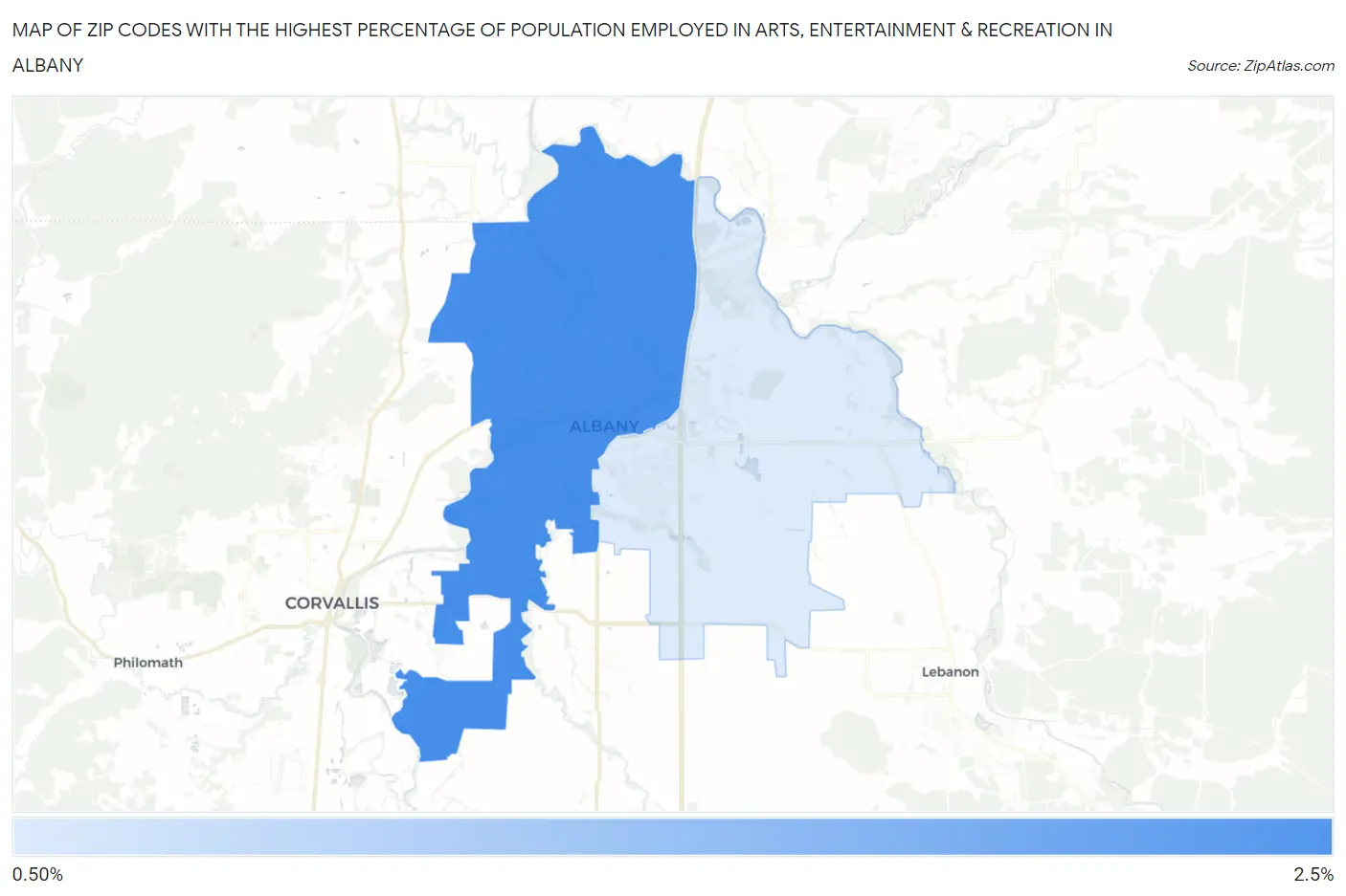 Zip Codes with the Highest Percentage of Population Employed in Arts, Entertainment & Recreation in Albany Map