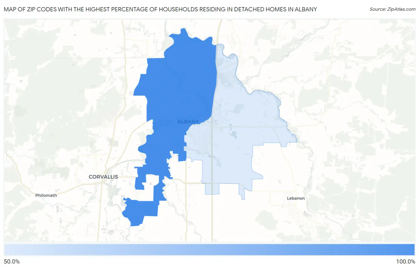 Zip Codes with the Highest Percentage of Households Residing in Detached Homes in Albany Map