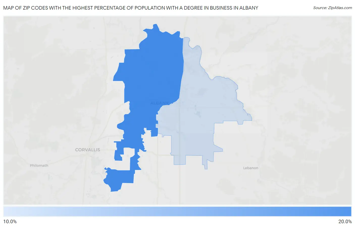 Zip Codes with the Highest Percentage of Population with a Degree in Business in Albany Map
