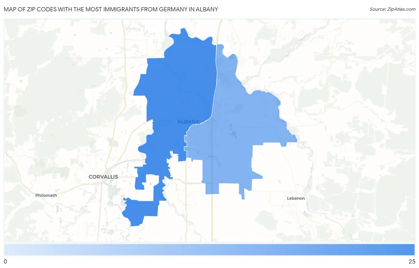 Zip Codes with the Most Immigrants from Germany in Albany Map