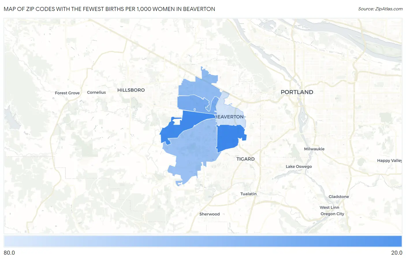 Zip Codes with the Fewest Births per 1,000 Women in Beaverton Map