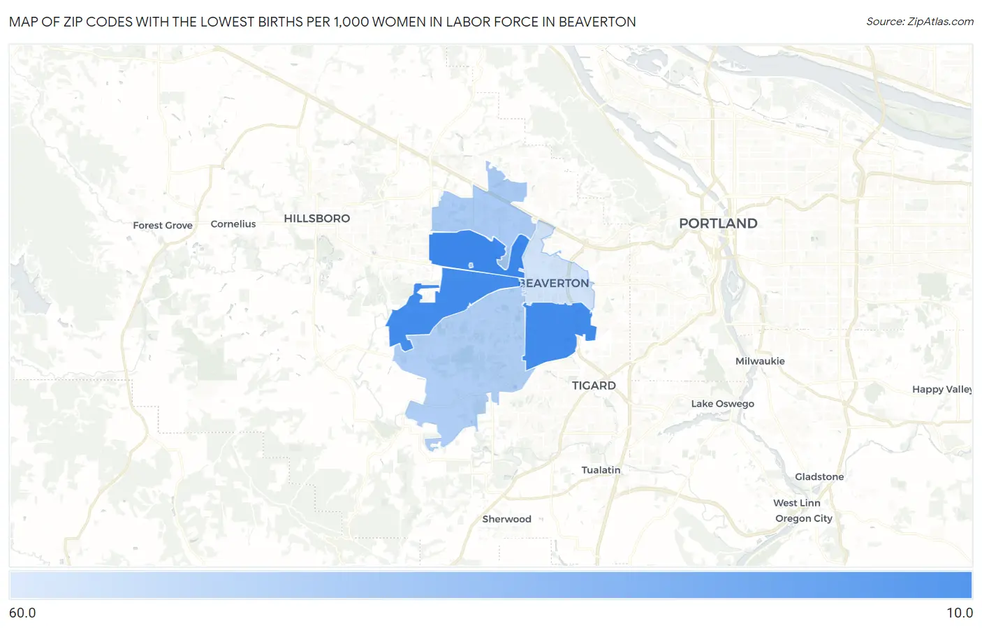 Zip Codes with the Lowest Births per 1,000 Women in Labor Force in Beaverton Map