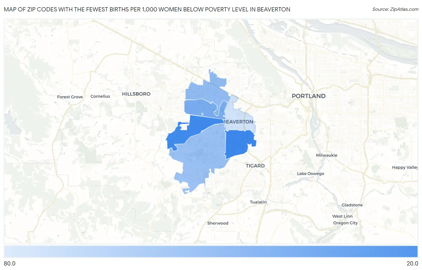 Zip Codes with the Fewest Births per 1,000 Women Below Poverty Level in Beaverton Map