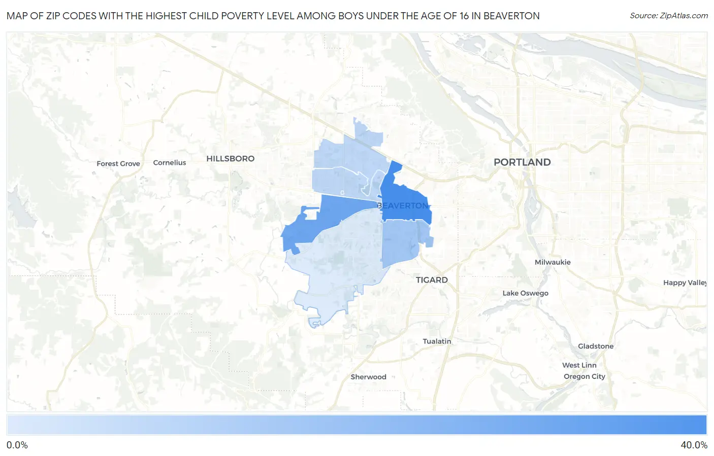 Zip Codes with the Highest Child Poverty Level Among Boys Under the Age of 16 in Beaverton Map