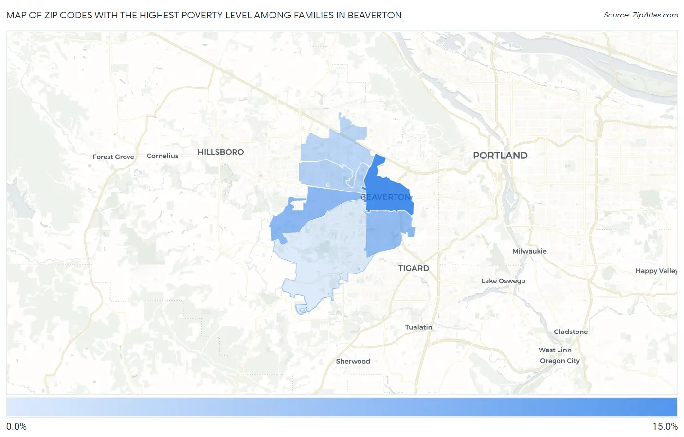 Zip Codes with the Highest Poverty Level Among Families in Beaverton Map
