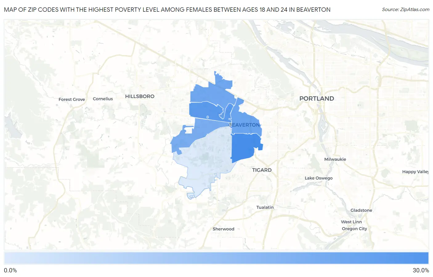 Zip Codes with the Highest Poverty Level Among Females Between Ages 18 and 24 in Beaverton Map