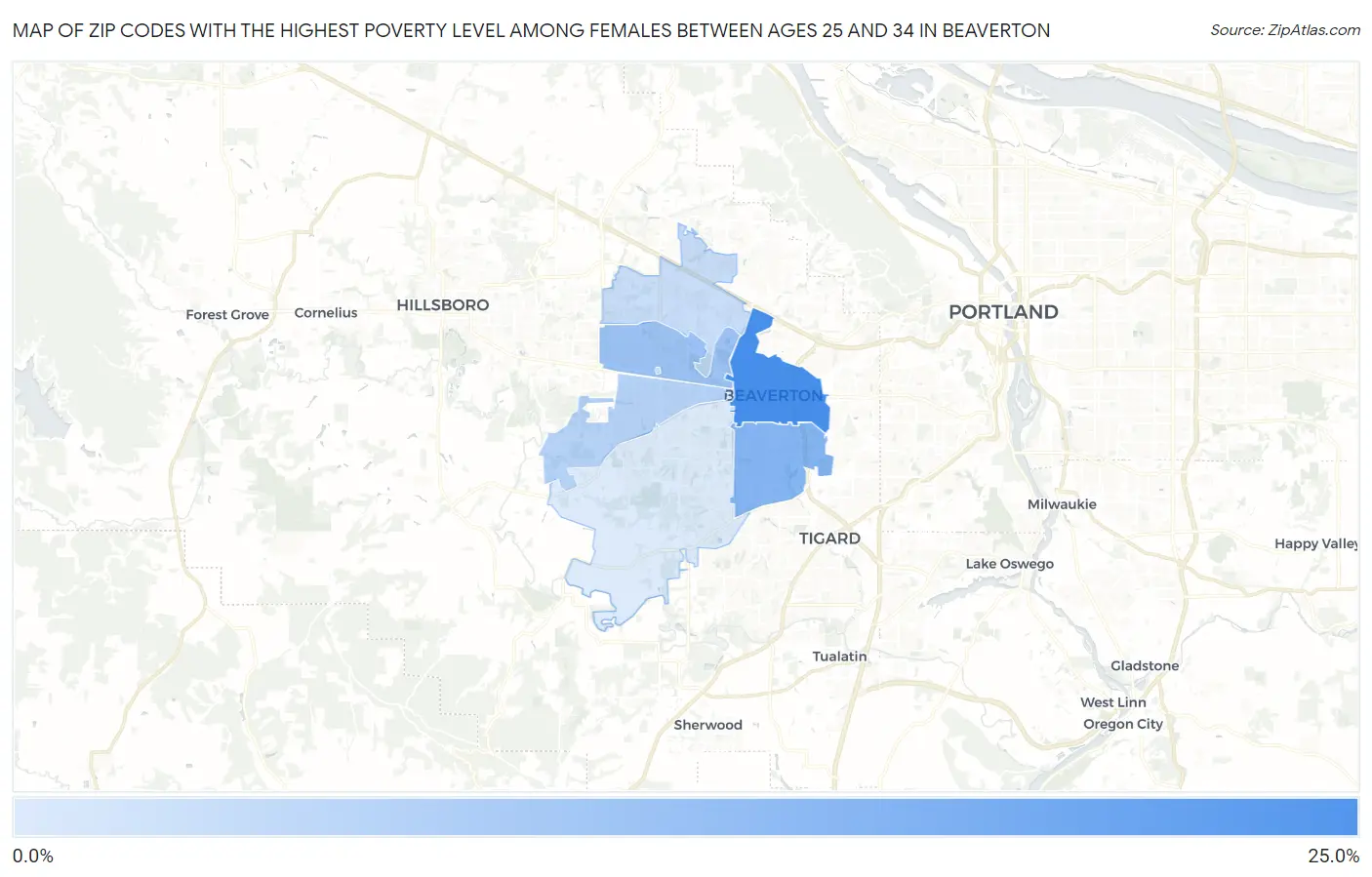 Zip Codes with the Highest Poverty Level Among Females Between Ages 25 and 34 in Beaverton Map