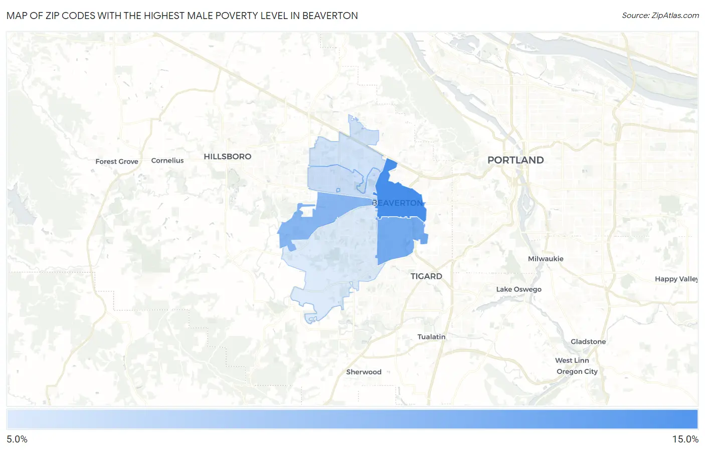 Zip Codes with the Highest Male Poverty Level in Beaverton Map