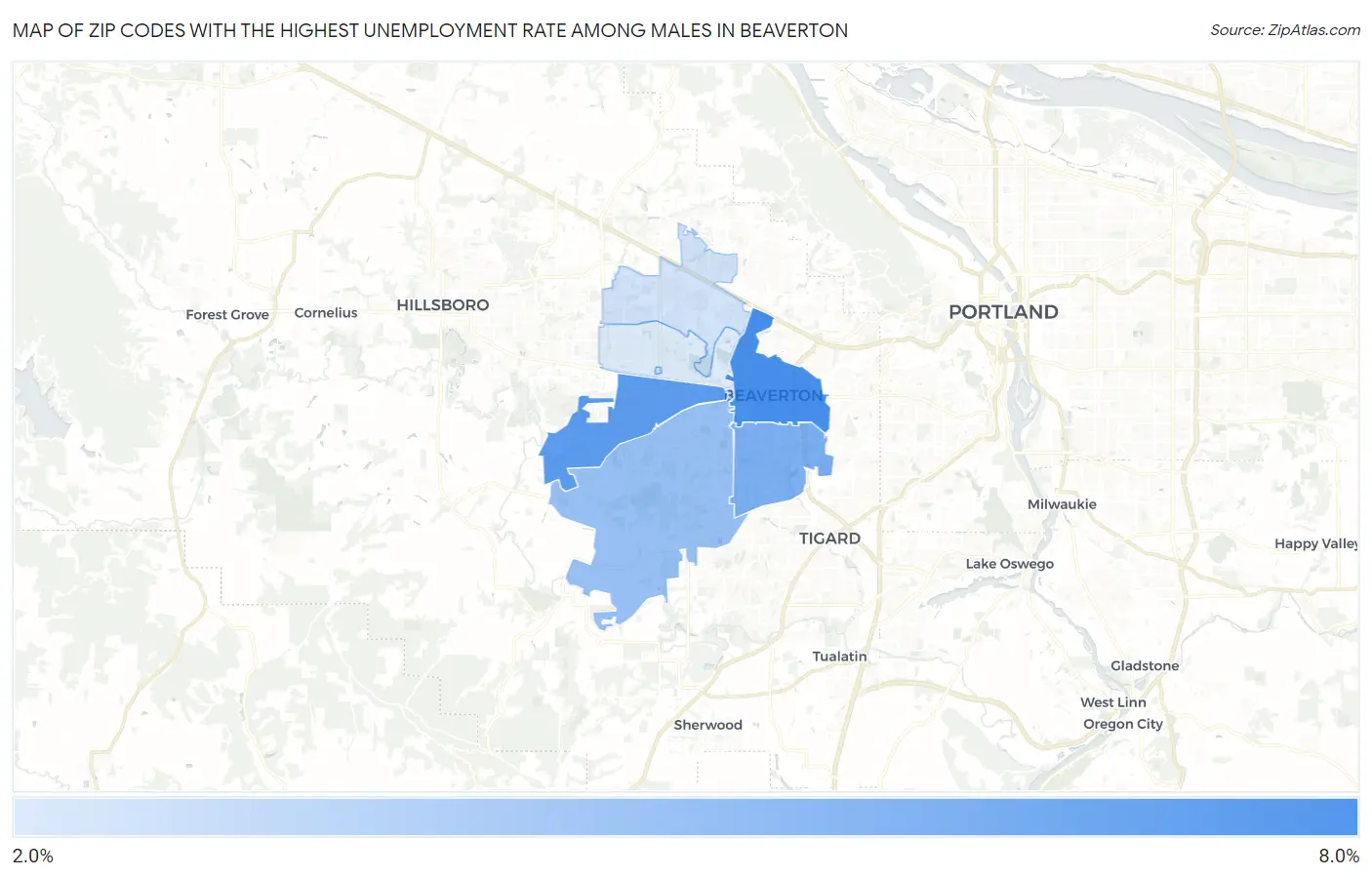 Zip Codes with the Highest Unemployment Rate Among Males in Beaverton Map