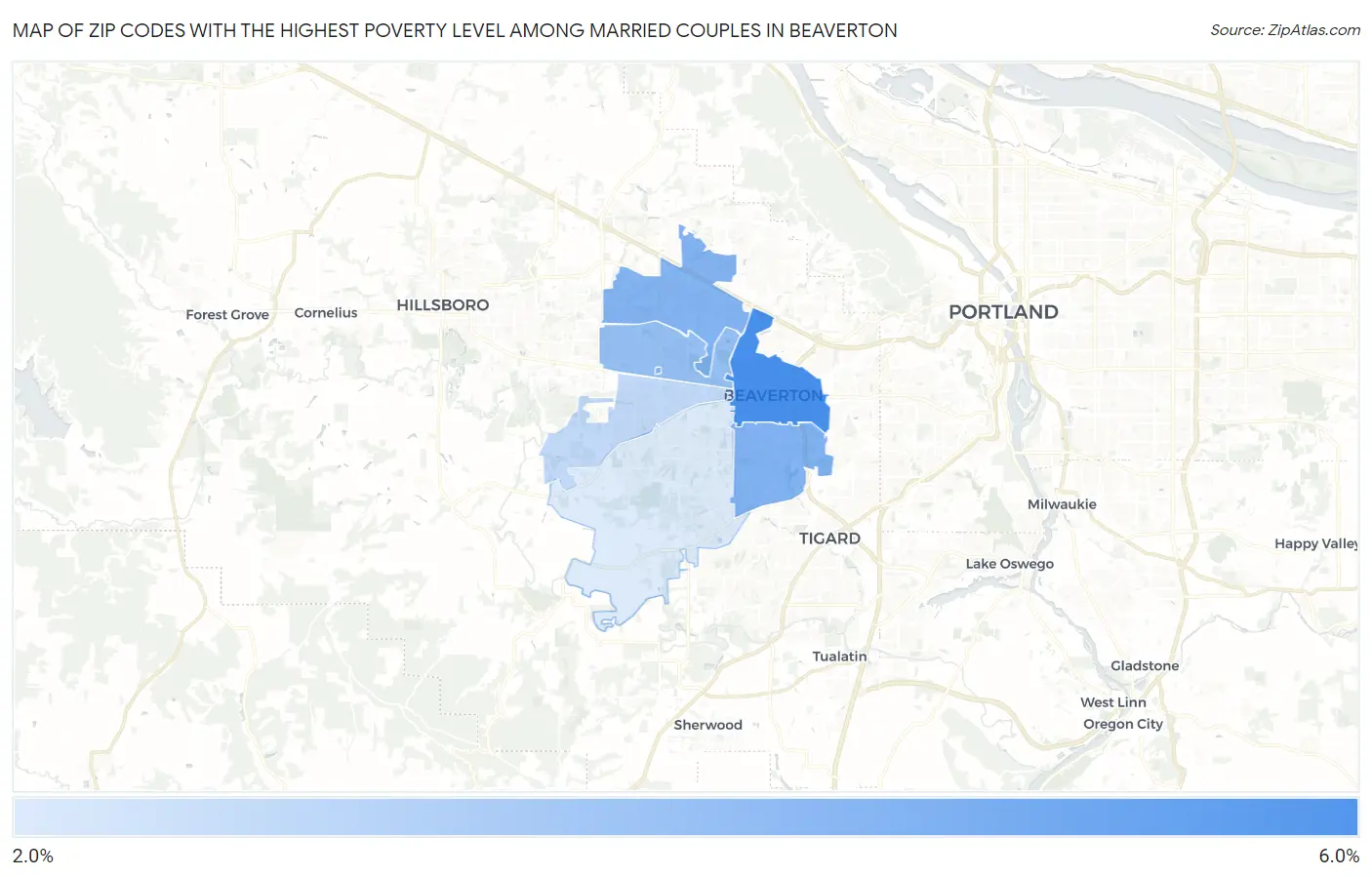 Zip Codes with the Highest Poverty Level Among Married Couples in Beaverton Map