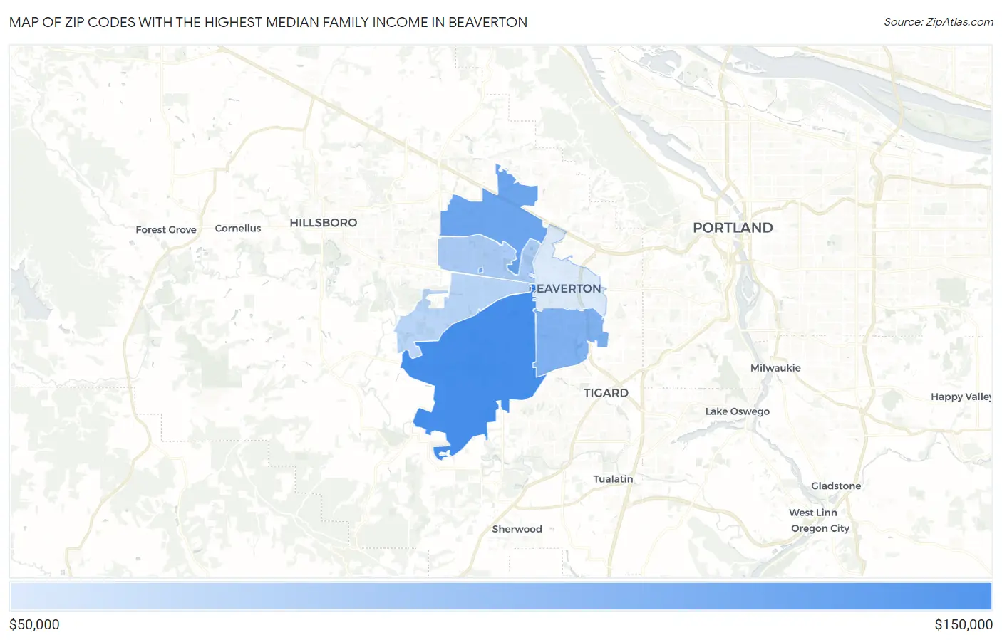 Zip Codes with the Highest Median Family Income in Beaverton Map